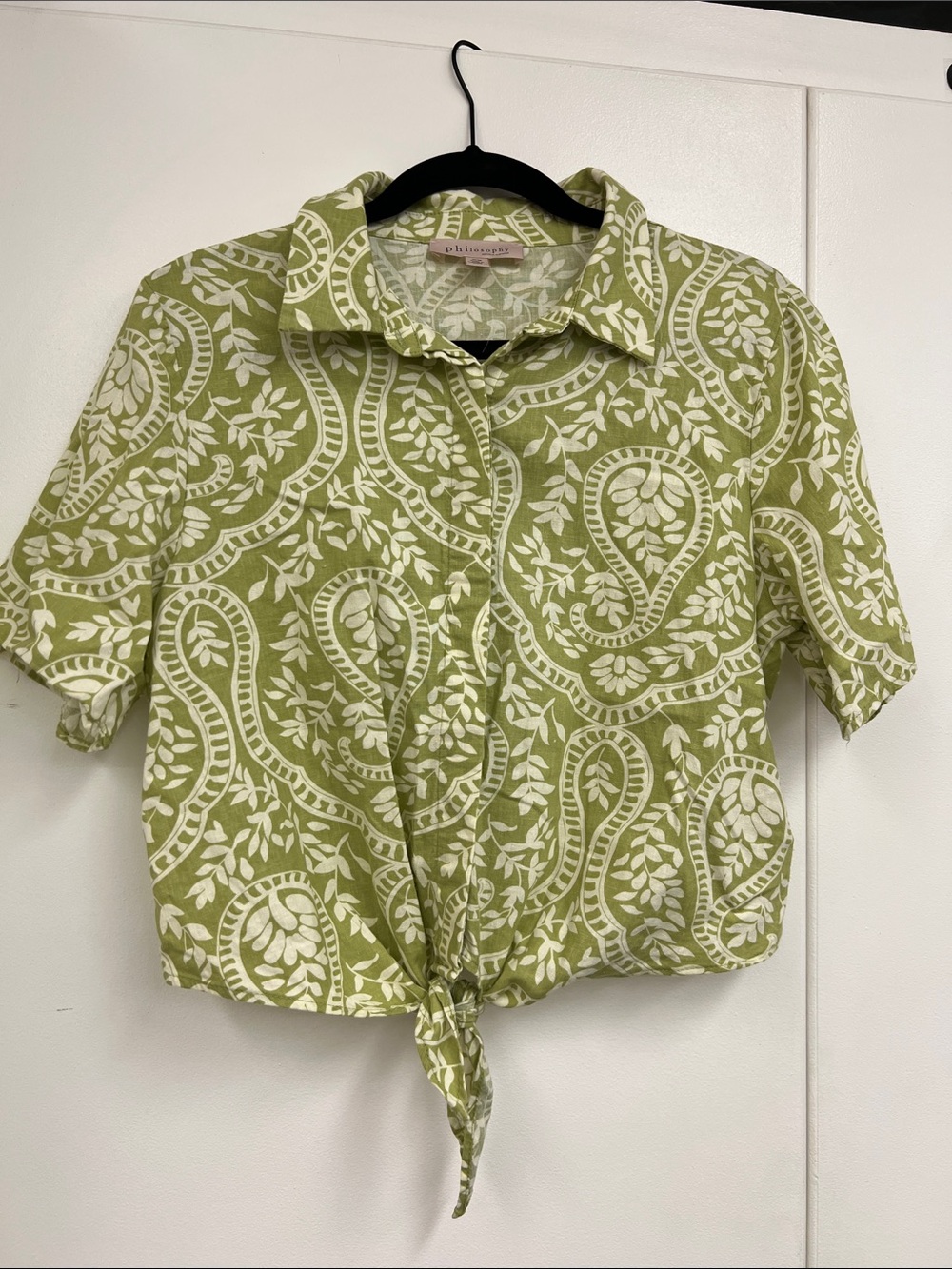 Philosophy Tie-Front Green White Paisley Floral Print Button-Up Shirt Top Linen